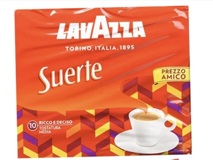 Lavazza Suerte red and orange horizontal ground-coffee pack